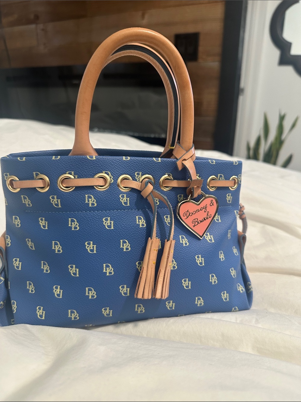 Dooney & Bourke Mini Blue and Tan Logo Satchel